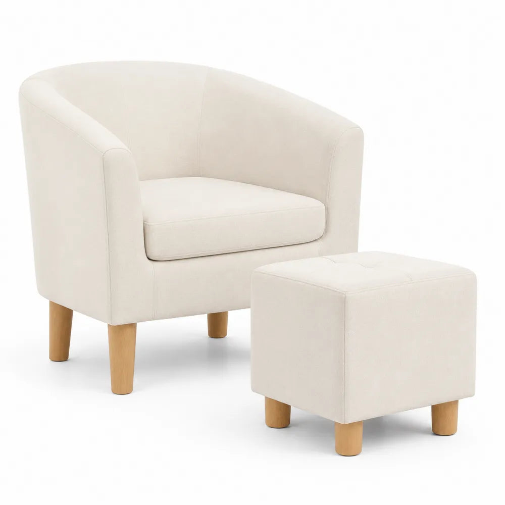 Set Poltrona e Pouf in Tessuto Beige e Legno