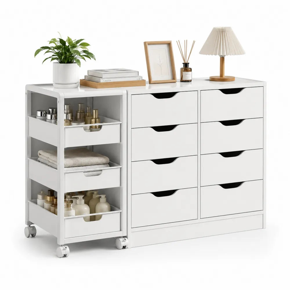Cassettiera in Legno Bianco con Scaffale su Ruote