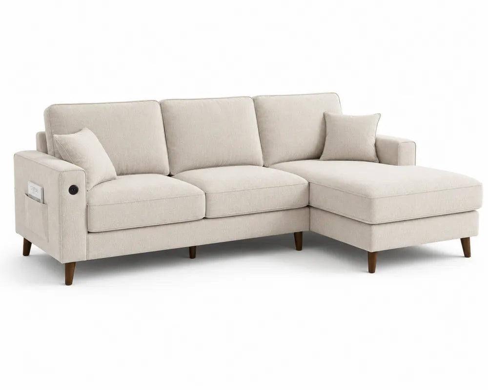 Divano angolare in tessuto di poliestere beige con chaise longue e gambe in legno massello