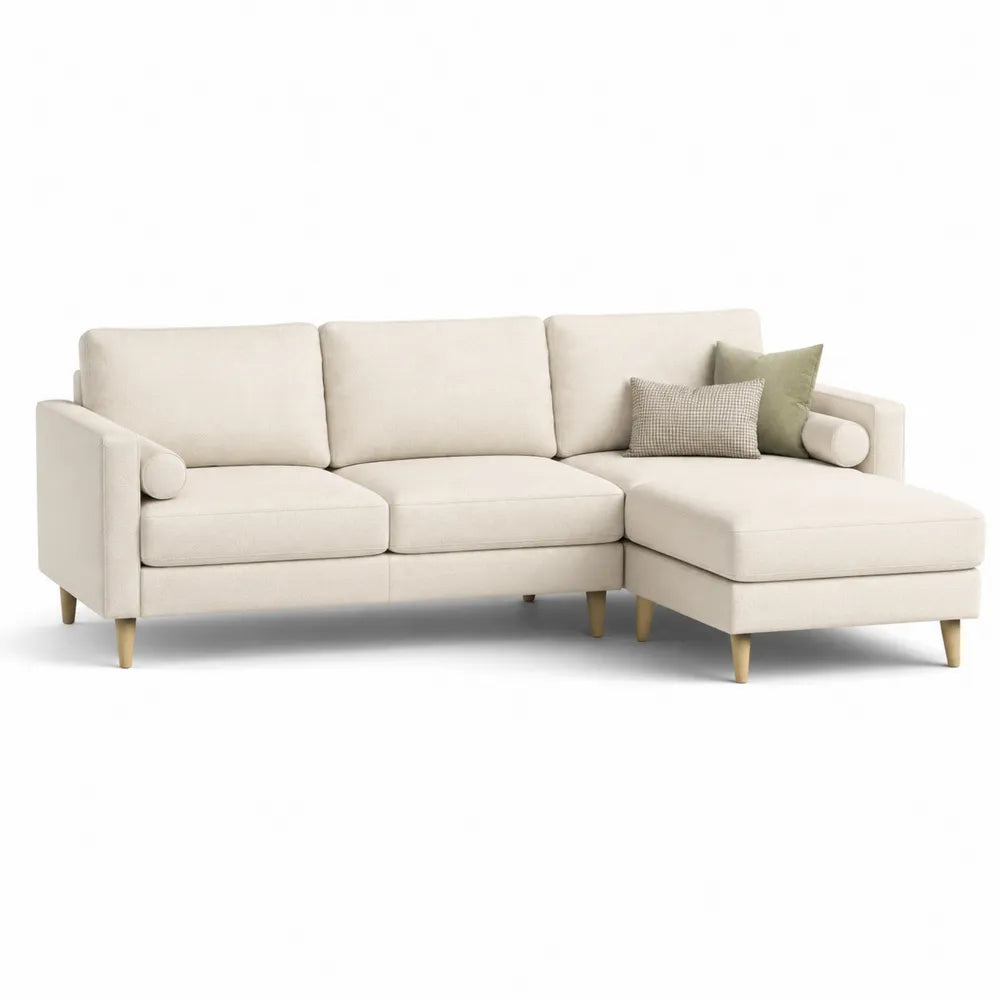 Divano angolare in tessuto di poliestere beige con chaise longue