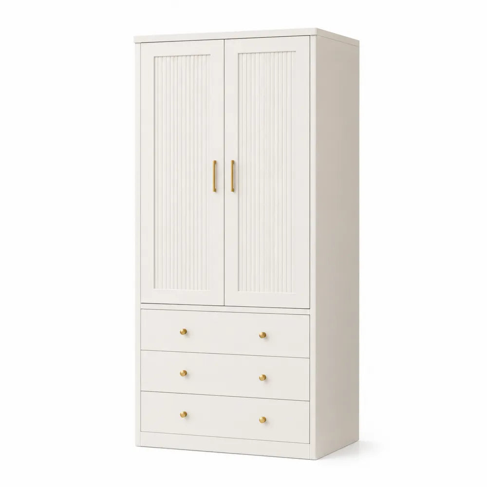 Armadio in legno bianco con ante e cassetti