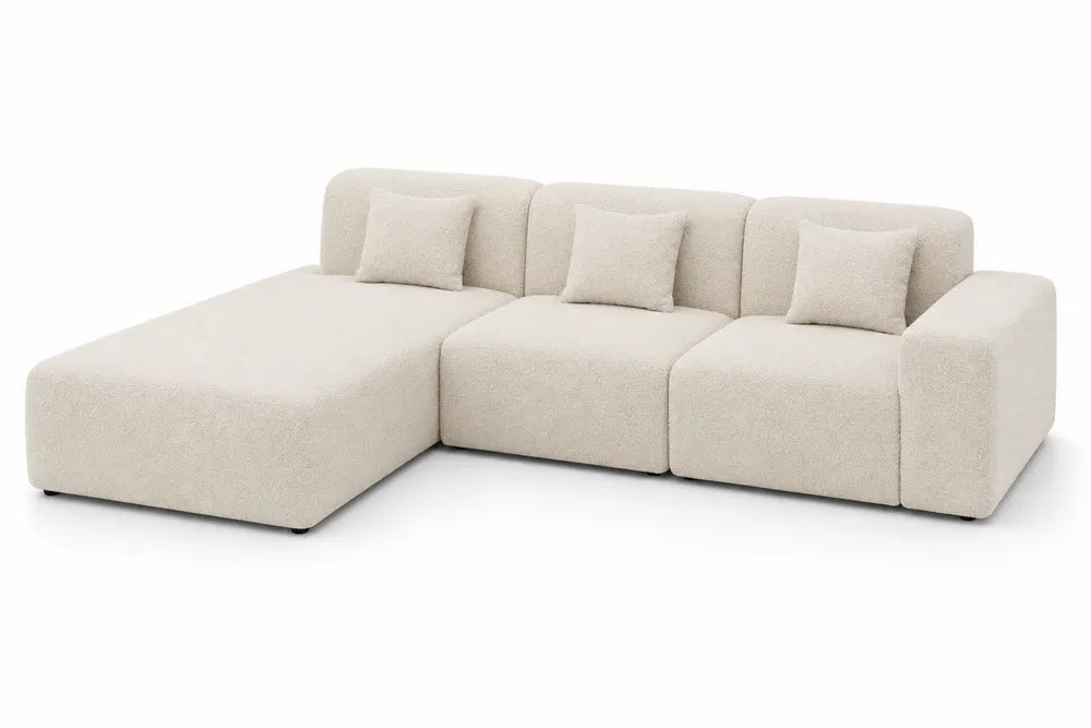 Divano angolare in tessuto bouclé crema con chaise longue