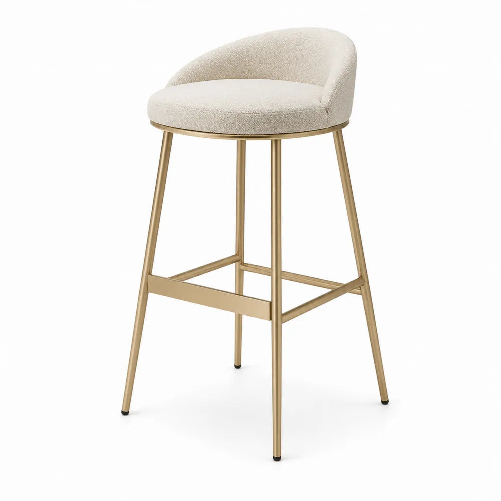 Sgabello da Bar in Metallo Dorato con Rivestimento Bouclé Crema