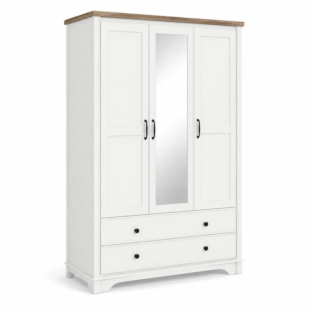 Armadio in legno composito bianco con specchio, tre ante e due cassetti