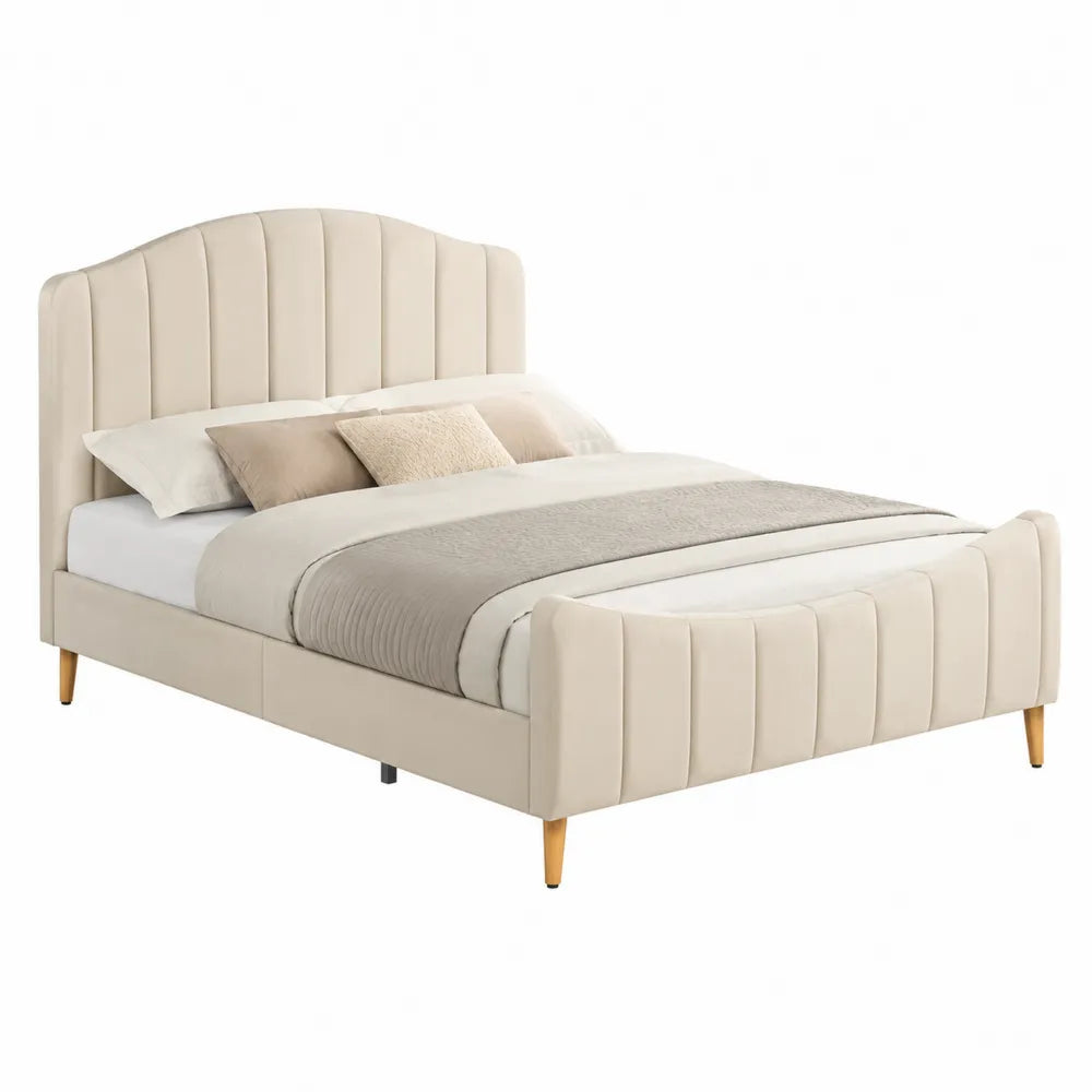Letto Matrimoniale in Velluto Beige con Struttura in Legno 200x160x100 cm