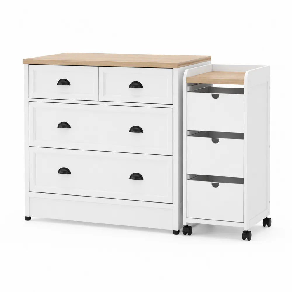 Cassettiera in Legno e MDF Bianca con Carrello su Ruote