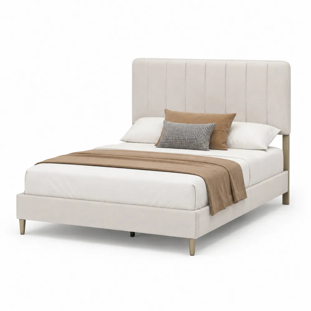 Letto matrimoniale in legno e tessuto beige