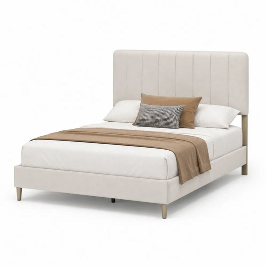 Letto matrimoniale in legno e tessuto beige