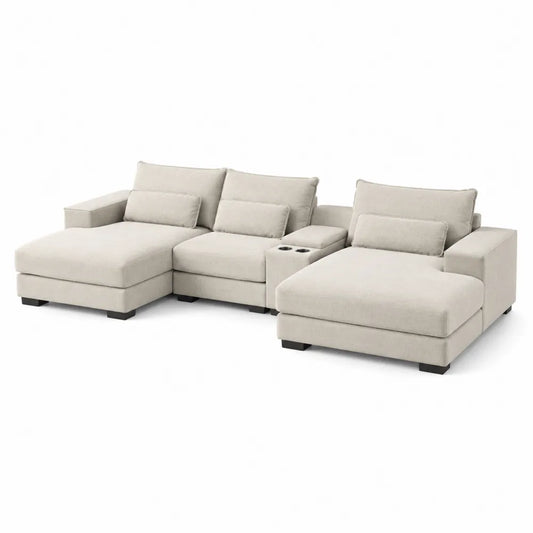 Divano angolare modulare in tessuto poliestere beige con portabicchieri