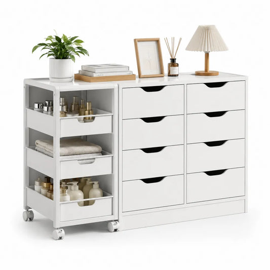 Cassettiera in Legno Bianco con Scaffale su Ruote