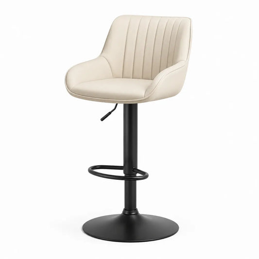 Sgabello in Pelle Sintetica Beige con Base in Metallo Nero