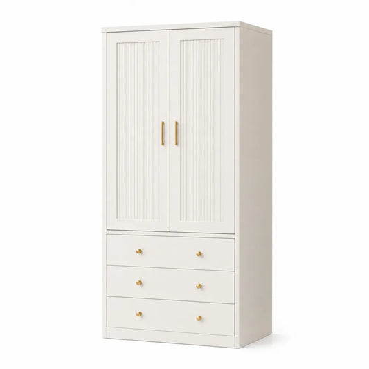 Armadio in legno bianco con ante e cassetti