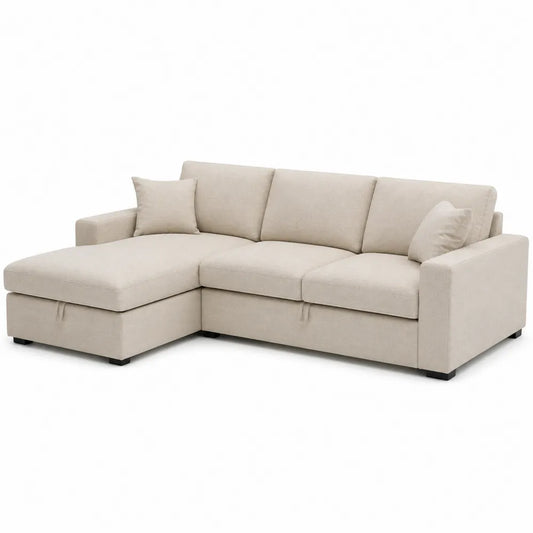 Divano angolare in tessuto beige con chaise longue
