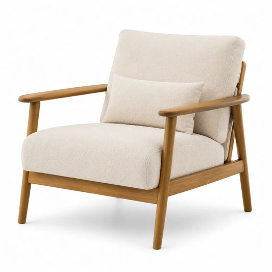 Poltrona in legno e tessuto color crema con cuscino