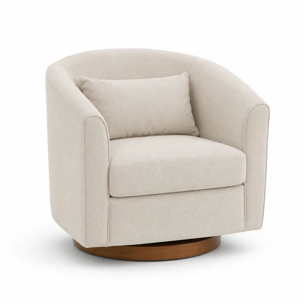 Poltrona girevole in tessuto beige con base in legno