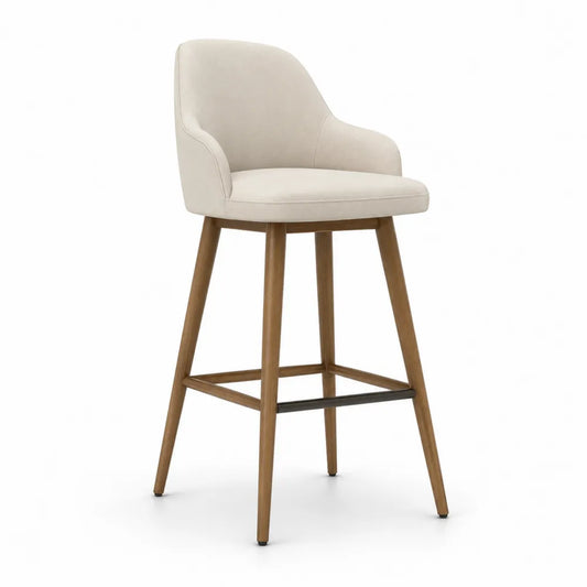 Sgabello da bar in tessuto beige con gambe in legno