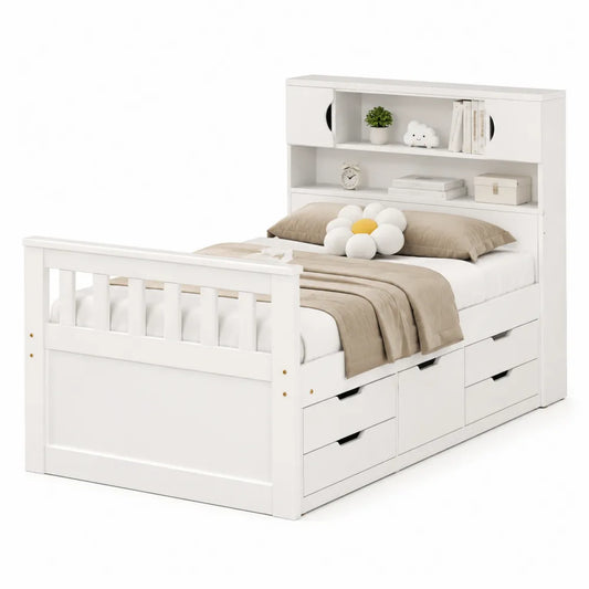 Letto Singolo in Legno con Cassetti e Libreria