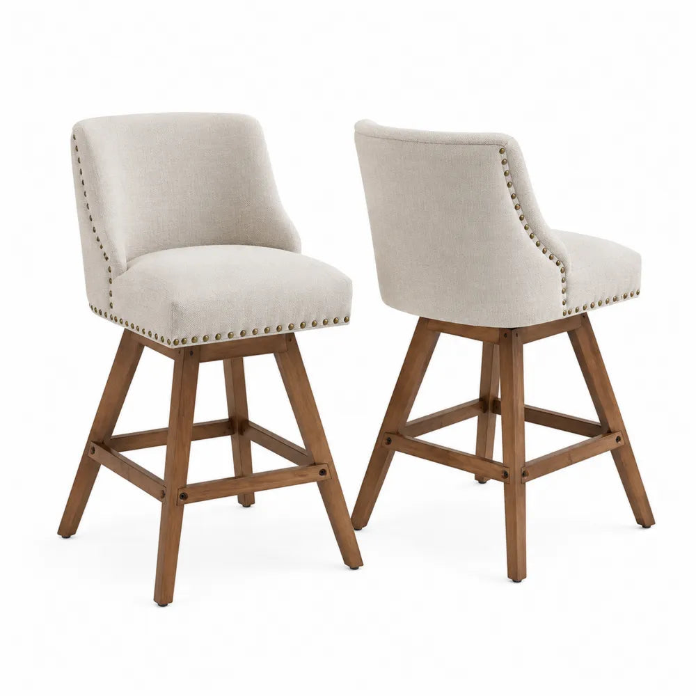 Sgabelli da Bar in Legno e Tessuto Beige (Set di 2)