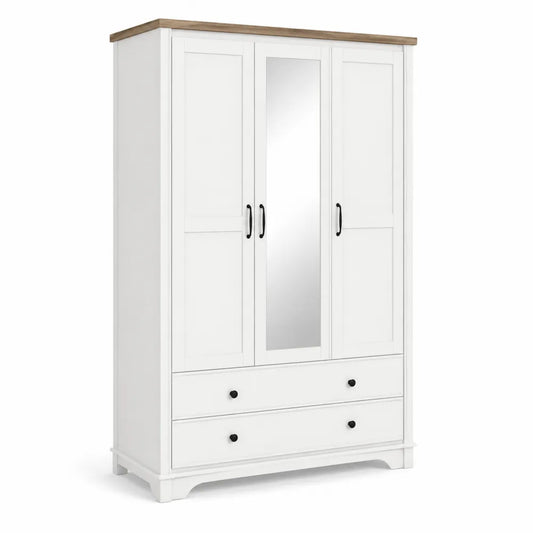Armadio in legno composito bianco con specchio, tre ante e due cassetti