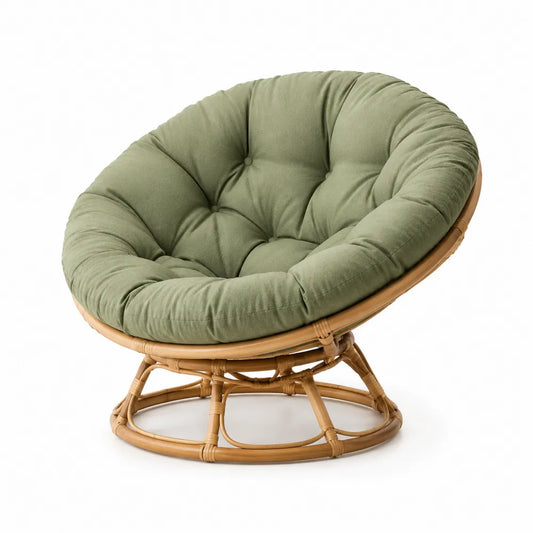 Poltrona Papasan Rotonda in Rattan con Cuscino Verde