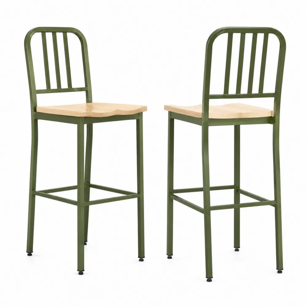 Set di 2 sgabelli da bar in metallo verde e faggio
