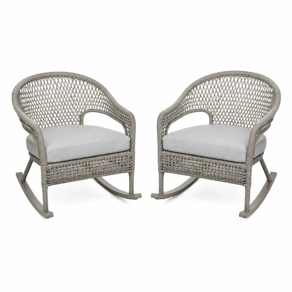 Set di 2 Sedie a Dondolo in Rattan Sintetico Grigio con Cuscini in Poliestere Grigio