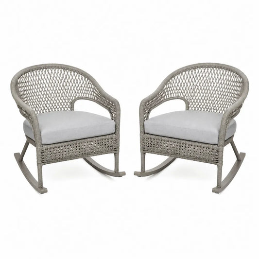 Set di 2 Sedie a Dondolo in Rattan Sintetico Grigio con Cuscini in Poliestere Grigio